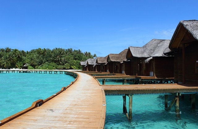 Overwater bungalows with thatched roofs extending along a wooden boardwalk over a turquoise lagoon, surrounded by lush tropical palm trees under a clear blue sky.